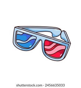 Groovy cartoon 3D glasses for movie in cinema. Funny retro stereo plastic spectacles with red and blue lens, film accessory mascot, glasses cartoon sticker of 70s 80s style vector illustration