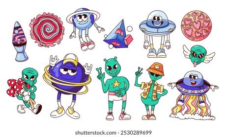 Groovy Cartoon außerirdische Figuren und funky Aufkleber Set. Lustige Retro Alien Hippie Tourist, Lava Lampe und Planet mit Umlaufbahn. Raum Maskottchen, Cartoon seltsame Sammlung von 70er 80er Jahre Stil Vektorgrafik