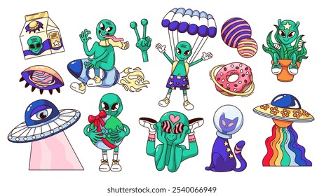 Groovy personagens de desenhos animados alienígenas e conjunto de adesivos trippy. Monstro retrô engraçado e OVNI, gato no capacete, olho psicodélico. Mascote espacial, coleção de desenhos animados alienígenas da ilustração vetorial estilo dos anos 70 e 80