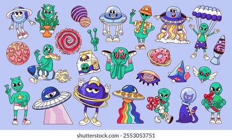 Groovy personagens de desenhos animados alienígenas e trippy espaço adesivos definido. UFO retro engraçado e planeta, monstro verde e gato cósmico. Mascote do universo alienígena, coleção de desenhos animados da ilustração vetorial estilo dos anos 70 e 80