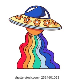 Groovy cartoon alien spaceship with floral pattern and rainbow wavy beam. Funny retro flying saucer with flowers. Hippie vibe mascot, cartoon aliens UFO sticker of 70s 80s style vector illustration