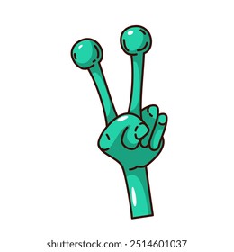 Groovy cartoon aliens fingers in hippie peace gesture. Funny retro green monsters hand showing V fingers. Space love, hippy vibe, victory mascot, cartoon sticker of 70s 80s style vector illustration