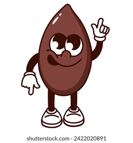 Groovy cartoon almond character with finger up and down gesture. Funny retro nut with funky face dancing, brown dry almond mascot, cartoon natural snack sticker of 70s 80s style vector illustration