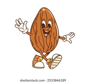 Groovy cartoon almond nut with funny face, vector retro emoji. Groovy almond with happy smile and Hi or Hello greet gesture walking in funky good mood for nuts food retro cartoon character