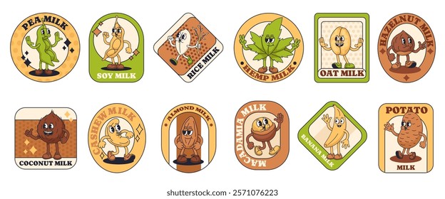 Groovy cartoon alternative milk label stickers. Plant based milk mascot characters in retro rubber hose style. Beverage branding packaging illustrations vector set.