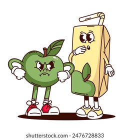 Groovy Cartoon Apfel und Fruchtsaft Box Figuren im Streit. Lustige Retro-Freunde kämpfen, unglückliche Beziehung Maskottchen, Cartoon Freundschaft von Apfel-Produkte Aufkleber der 70er 80er Jahre Stil Vektorillustration