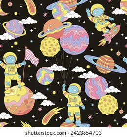 Groovy cartoon astronaut in spacesuit on the moon on rocket spaceship with planet shape air balloons vector seamless pattern. Retro 60s 70s 80s space galaxy universe cosmonautics celestial black