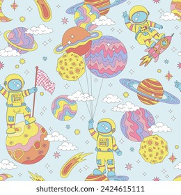 Groovy cartoon astronaut in spacesuit on the moon on rocket spaceship with planet shape air balloons vector seamless pattern. Retro 60s 70s 80s space galaxy universe cosmonautics celestial light