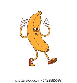 Groovy cartoon banana character in hippie comic art, vector funky personage. 60s and 70s hippie groovy banana fruit with happy face and ILY gesture in retro quirky style or groovy pop art