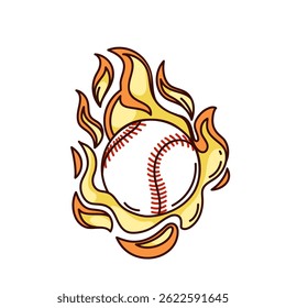 Groovy cartoon baseball ball flying fast with fire and energy. Funny retro hot flaming ball flight, speed motion. Sport mascot, cartoon baseball game sticker of 70s 80s style vector illustration