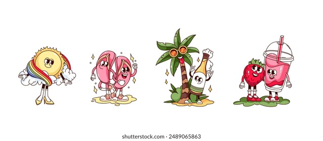 Conjunto de personajes y pegatinas de fiestas de playa de dibujos animados. Divertido sol retro con arco iris y cóctel rosa, chanclas de dibujos animados, cerveza y palmera. Mascotas de vacaciones en la playa de los años 70 y 80 Ilustración vectorial