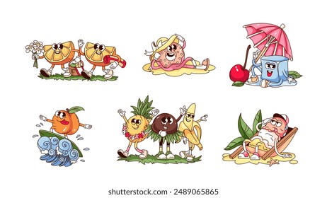 Groovy cartoon beach party characters and stickers set. Funny retro summer food sunbathing on sea beach, cartoon fruit surfing. Holidays and vacation mascots of 70s 80s style vector illustration