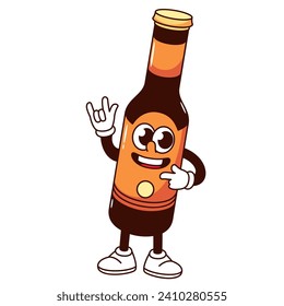 Groovy cartoon beer glass bottle character with rock band gesture. Funny brown alcohol drink, retro Oktoberfest mascot, craft lager beer or ale cartoon sticker of 60s 70s style vector illustration