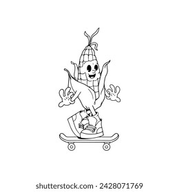 Groovy cartoon black and white corn character with leaf waving. greeting maize mascot, cartoon corn, bee, skateboard, food sticker of 70s 80s style vector illustration