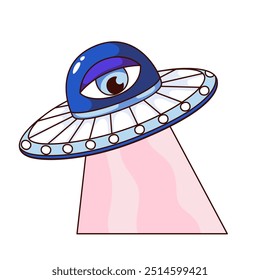 Groovy cartoon blue UFO with pink light beam and trippy eye. Funny retro flying saucer for people abduction. Spaceship of aliens mascot, cartoon UFO sticker of 70s 80s style vector illustration