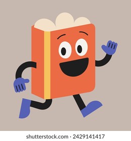 Groovy cartoon book character. Retro flat style illustration. Happy running book