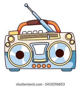 Groovy cartoon boombox. Funny blue and yellow music player, recorder with round speakers and radio antenna. Retro music and culture of 80s 90s mascot and cartoon boombox sticker vector illustration