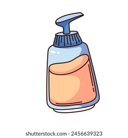 Groovy cartoon bottle with cosmetic liquid product and dispenser pump. Funny retro bottle with soap or shampoo, shower gel. Body care mascot, cartoon sticker of 70s 80s style vector illustration