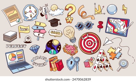 Groovy cartoon brainstorm stickers set. Funny retro creative smart business ideas and education mascots, cartoon brainstorm on solution stickers collection of 70s 80s style vector illustration
