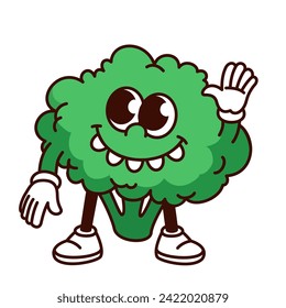 Groovy cartoon broccoli character waving with funky smile. Funny retro green vegetable smiling with teeth and hand up, broccoli mascot, cartoon food sticker of 70s 80s style vector illustration