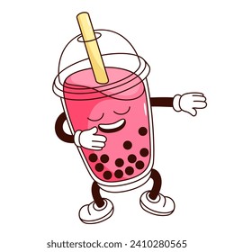 Groovy cartoon bubble tea cup character with straw. Funny retro juice, tea or milkshake with pearls, popular takeaway fruit drink mascot laughing, cartoon sticker of 60s 70s style vector illustration