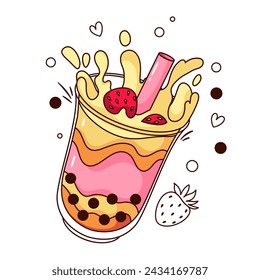 Groovy cartoon bubble tea cup with straw. Funny retro banana strawberry mix summer drink with yellow and pink smoothie layers, black pearls. Boba tea cartoon sticker of 70s 80s vector illustration