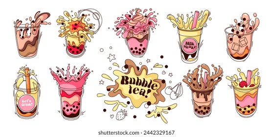 Groovy cartoon bubble tea cups set. Funny retro plastic containers with splashes of milk and coffee shake with pearls, fruit smoothie and boba tea cartoon stickers of 70s 80s style vector illustration