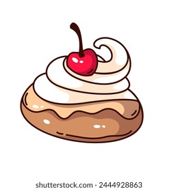 Groovy cartoon bun with whipped cream swirl and cherry. Funny retro round sweet bread for dessert, pastry and bakery mascot, cartoon cream cake with berry sticker of 70s 80s style vector illustration