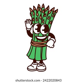 Groovy cartoon bunch of asparagus character waving hand. Funny retro green vegetable greeting with cheerful smile, asparagus heap mascot, cartoon food sticker of 70s 80s style vector illustration