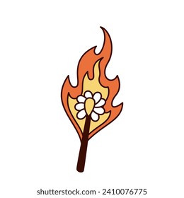 Groovy cartoon burning match with flowers petals. Funny retro torch mascot with hot orange flame and daisy, burning with fire wooden stick and cartoon sticker of 60s 70s style vector illustration