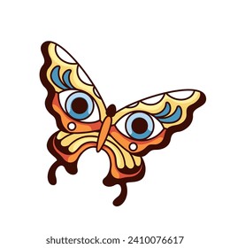 Groovy cartoon butterfly with eyes on wings. Funny retro psychedelic mascot of flying butterfly with trippy look, insect hallucination emoji and cartoon sticker of 60s 70s style vector illustration