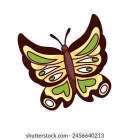 Groovy cartoon butterfly with eyes on wings. Funny retro flying butterfly with cute yellow, black and green pattern. Wild summer bugs mascot, cartoon sticker of 70s 80s style vector illustration
