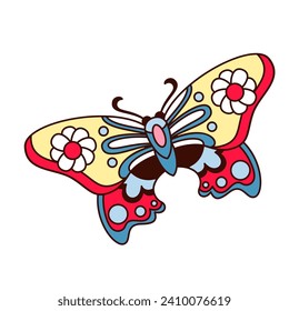 Groovy cartoon butterfly with flowers on wings. Funny retro emoji with colorful floral pattern and antennae, psychedelic summer mascot. Butterfly cartoon sticker of 60s 70s style vector illustration