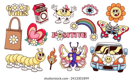 Caricatura en Groovy mariposa y flores, conjunto de pegatinas hippy. Graciosas mascotas retro para fiesta hippie, flores de margarita en la camioneta y el corazón, bolsa y arco iris. Emoji de dibujos animados de los años 70 con estilo de ilustración vectorial