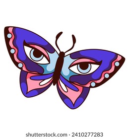 Groovy cartoon butterfly with psychedelic eyes pattern on violet wings. Funny retro flying insect mascot, cartoon trippy butterfly with funky details, hippy sticker of 70s 80s vector illustration