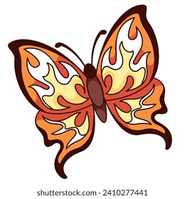 Groovy cartoon butterfly with psychedelic flame pattern on wings. Funny retro hell insect mascot flying, cartoon magic butterfly with hot red fire texture, sticker of 70s 80s vector illustration