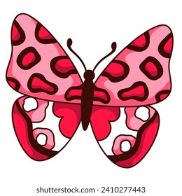 Groovy cartoon butterfly with psychedelic red leopard pattern. Funny retro flying insect mascot, cartoon fairy butterfly with cheetah fur motif and stripes, sticker of 70s 80s vector illustration