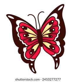 Groovy cartoon butterfly with red and black boho pattern on wings. Funny retro tropical summer mascot, flying cartoon insect, exotic bright butterfly sticker of 70s 80s style vector illustration