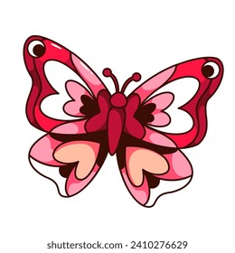 Groovy cartoon butterfly with red heart frames on wings. Funny retro flying insect mascot with cartoon bright pattern and antennae, magic love decoration and butterfly sticker vector illustration