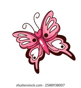 Groovy cartoon butterfly with simple pink and white pattern on wings. Funny retro cute tropical moth. Flying summer insect mascot, cartoon exotic butterfly sticker of 70s 80s style vector illustration