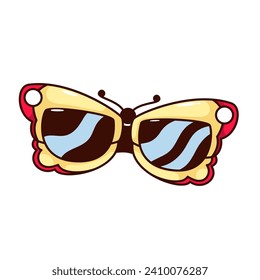 Groovy cartoon butterfly sunglasses. Funny retro eyeglasses with wing frames, antennae and dark glasses for eye protection from sun, sunglasses cartoon sticker of 60s 70s style vector illustration