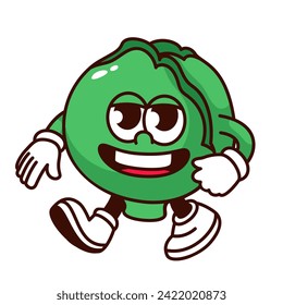 Groovy cartoon cabbage character with psychedelic smile. Funny retro leafy vegetable with teeth in mouth walking, green cabbage mascot, cartoon food sticker of 70s 80s style vector illustration