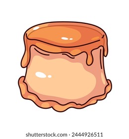 Groovy cartoon caramel pudding with sauce. Funny retro vanilla creme custard, sweet dessert of confectionery mascot, cartoon condensed milk pudding sticker of 70s 80s style vector illustration
