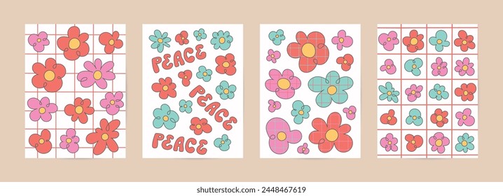 Groovy cartoon card template set. Retro poster with psychedelic flowers pattern about peace.