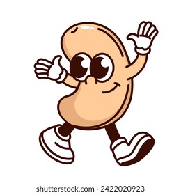 Groovy cartoon cashew character with hands up. Funny retro dry seed walking and greeting, happy nut mascot, cartoon nutty snack emoji and happy cashew sticker of 70s 80s style vector illustration