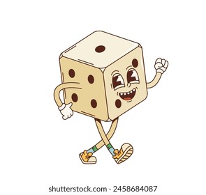 Groovy cartoon casino gambling dice retro character with face, vector comic. Groovy funny dice with funky freaky smile in hipster shoes, 70s hippie art cartoon character of Vegas casino gamble game