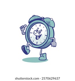 groovy cartoon character of Alarm Clock Pointing. Can be used as Sticker, posters, prints. The comic elements in trendy retro cartoon style. Vector illustration, mascot, logo, editable, set, funny