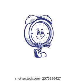 groovy cartoon character of Alarm Clock Pointing. Can be used as Sticker, posters, prints. The comic elements in trendy retro cartoon style. Vector illustration, mascot, logo, editable, set, funny