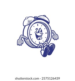 groovy cartoon character of Alarm Clock Pointing. Can be used as Sticker, posters, prints. The comic elements in trendy retro cartoon style. Vector illustration, mascot, logo, editable, set, funny