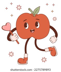 Groovy cartoon character apple. Retro vintage cute mascot fruit with heart. Vector illustration